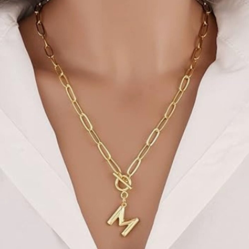 Toggle Clasp Capital M Initial Necklace Plated Brass